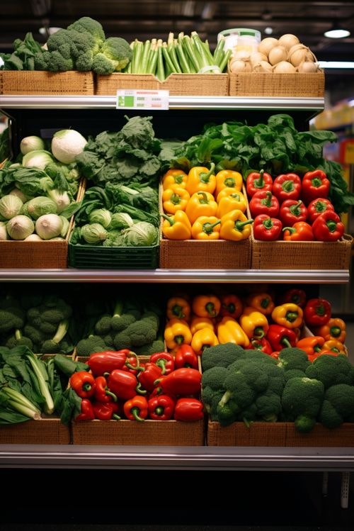 农产品新鲜蔬菜货架摄影图 展现健康与品质的视觉盛宴